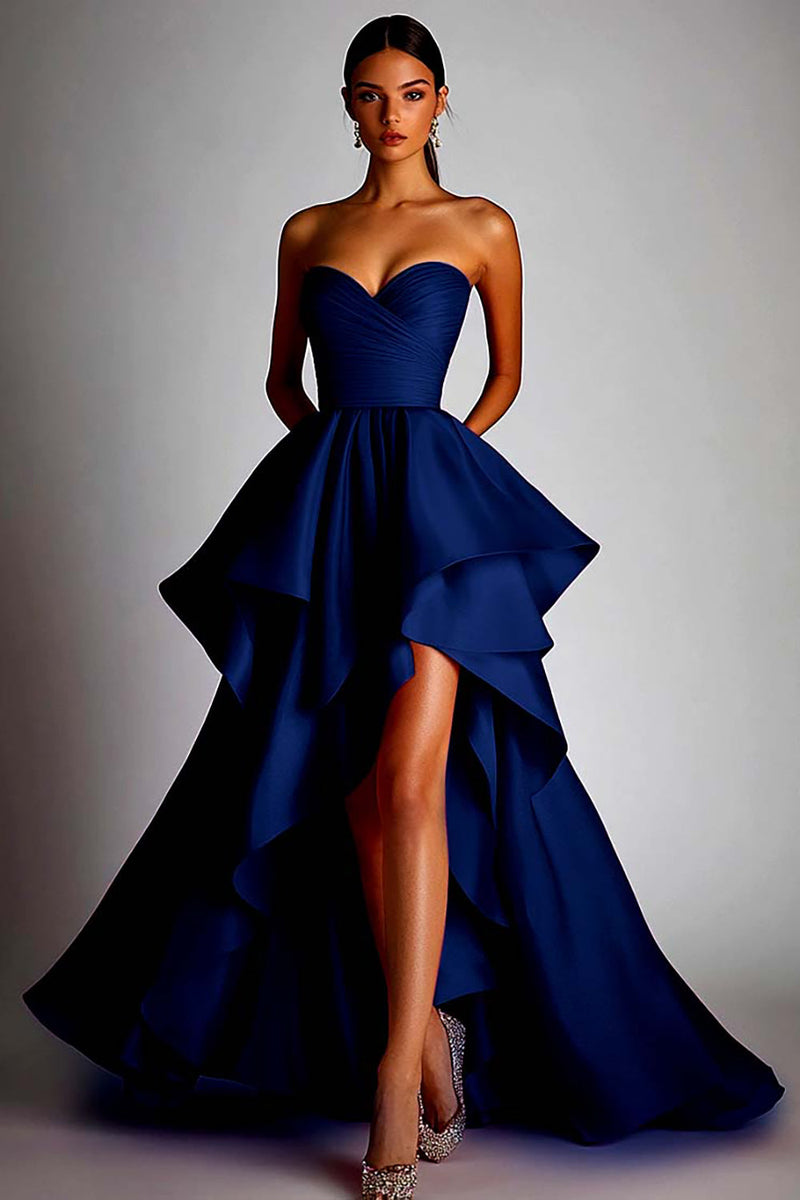 Laden Sie das Bild in den Galerie-Viewer, Herzausschnitt Fuchsia A Linie Rüschen High Low Ballkleid