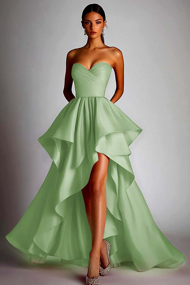 Laden Sie das Bild in den Galerie-Viewer, Herzausschnitt Fuchsia A Linie Rüschen High Low Ballkleid