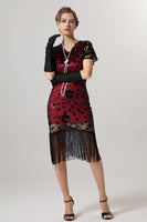 Laden Sie das Bild in den Galerie-Viewer, Glitzerndes V-Ausschnitt Schwarzes Goldenes Kleid aus den 1920er Jahren mit kurzen Ärmeln