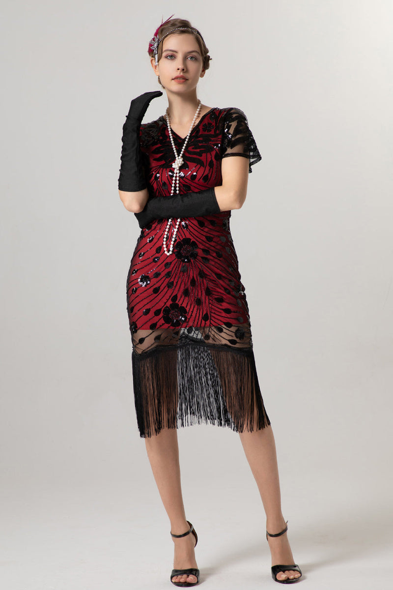 Laden Sie das Bild in den Galerie-Viewer, Glitzerndes V-Ausschnitt Schwarzes Goldenes Kleid aus den 1920er Jahren mit kurzen Ärmeln