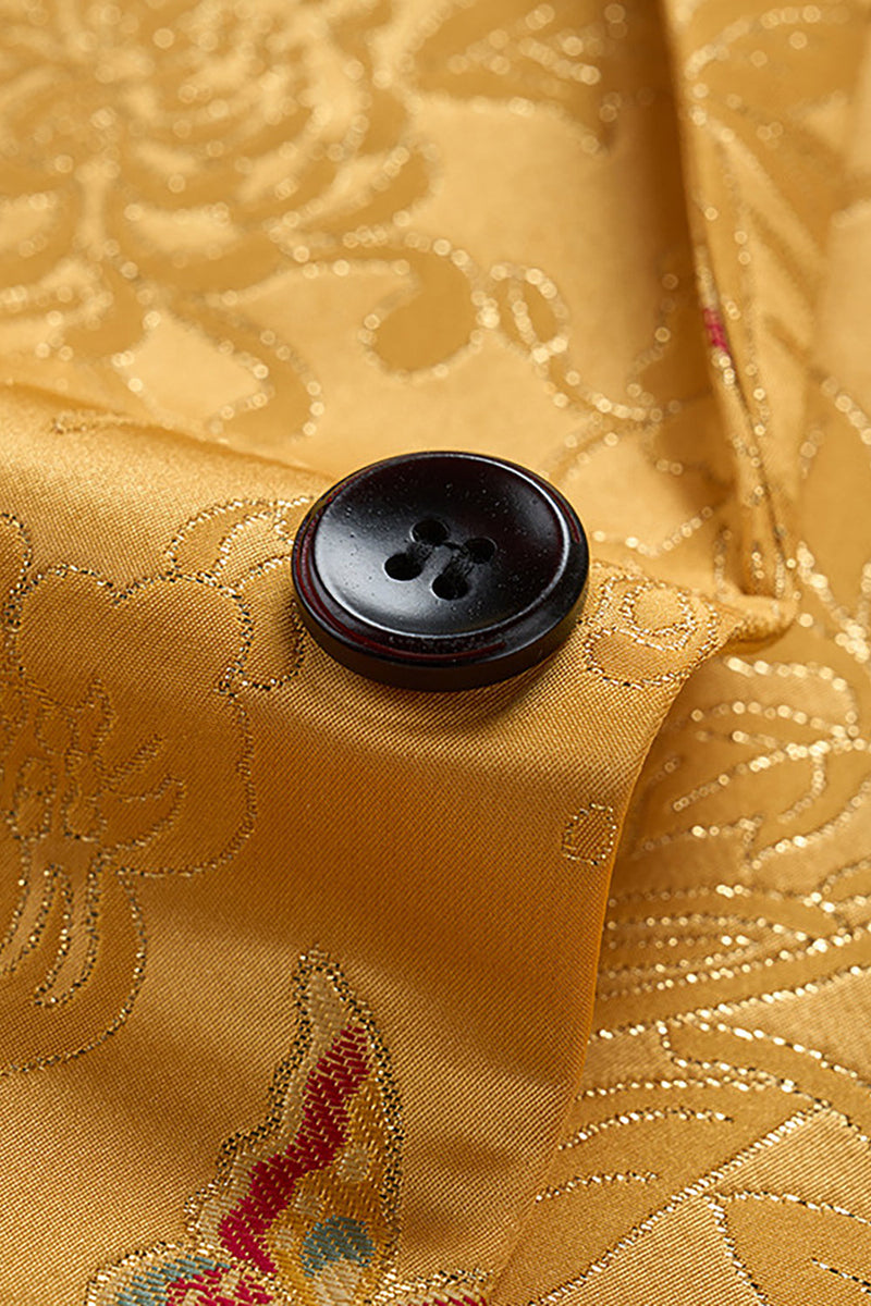 Laden Sie das Bild in den Galerie-Viewer, Gelber Herrenblazer mit gekerbtem Revers und Blumen und einem Knopf