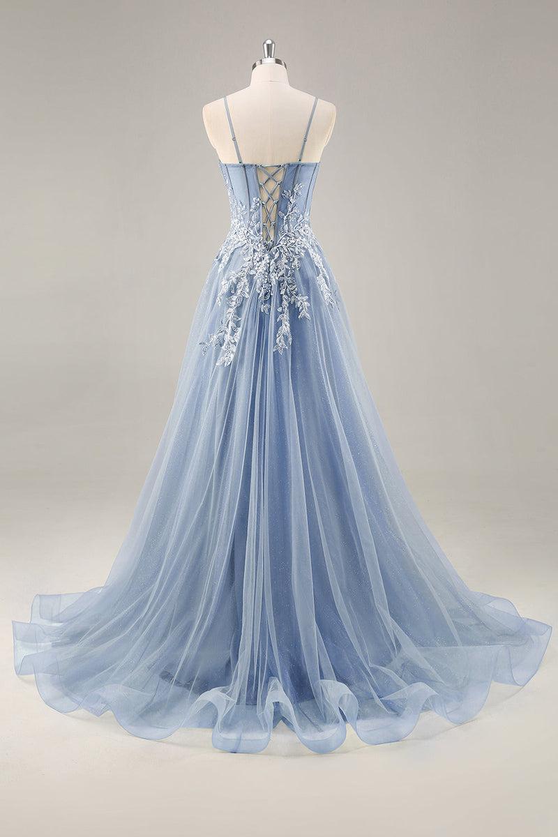 Laden Sie das Bild in den Galerie-Viewer, Grau Lila Perlenbesetztes Korsett Appliaktionen Langes Ballkleid mit Schlitz