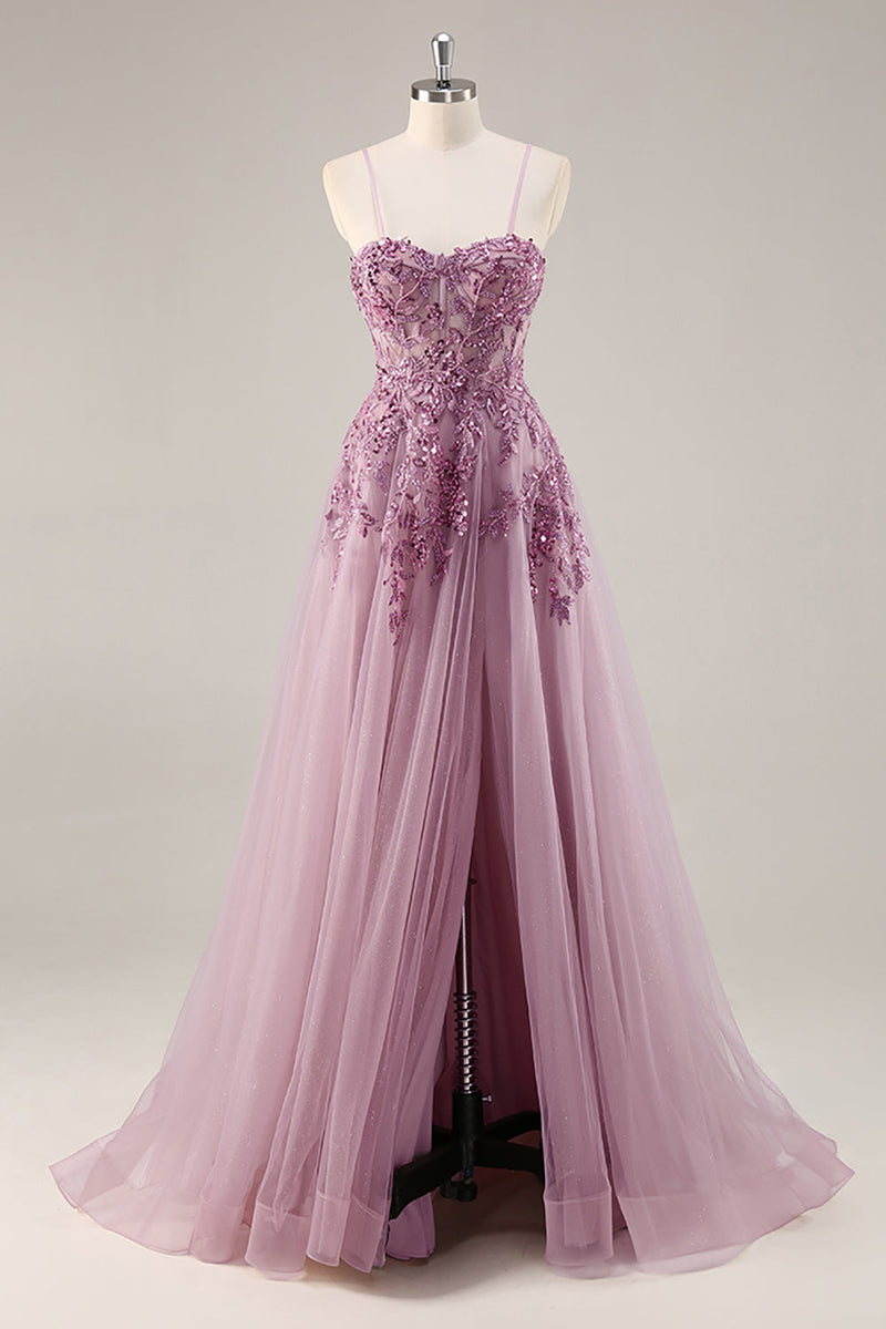 Laden Sie das Bild in den Galerie-Viewer, Grau Lila Perlenbesetztes Korsett Appliaktionen Langes Ballkleid mit Schlitz