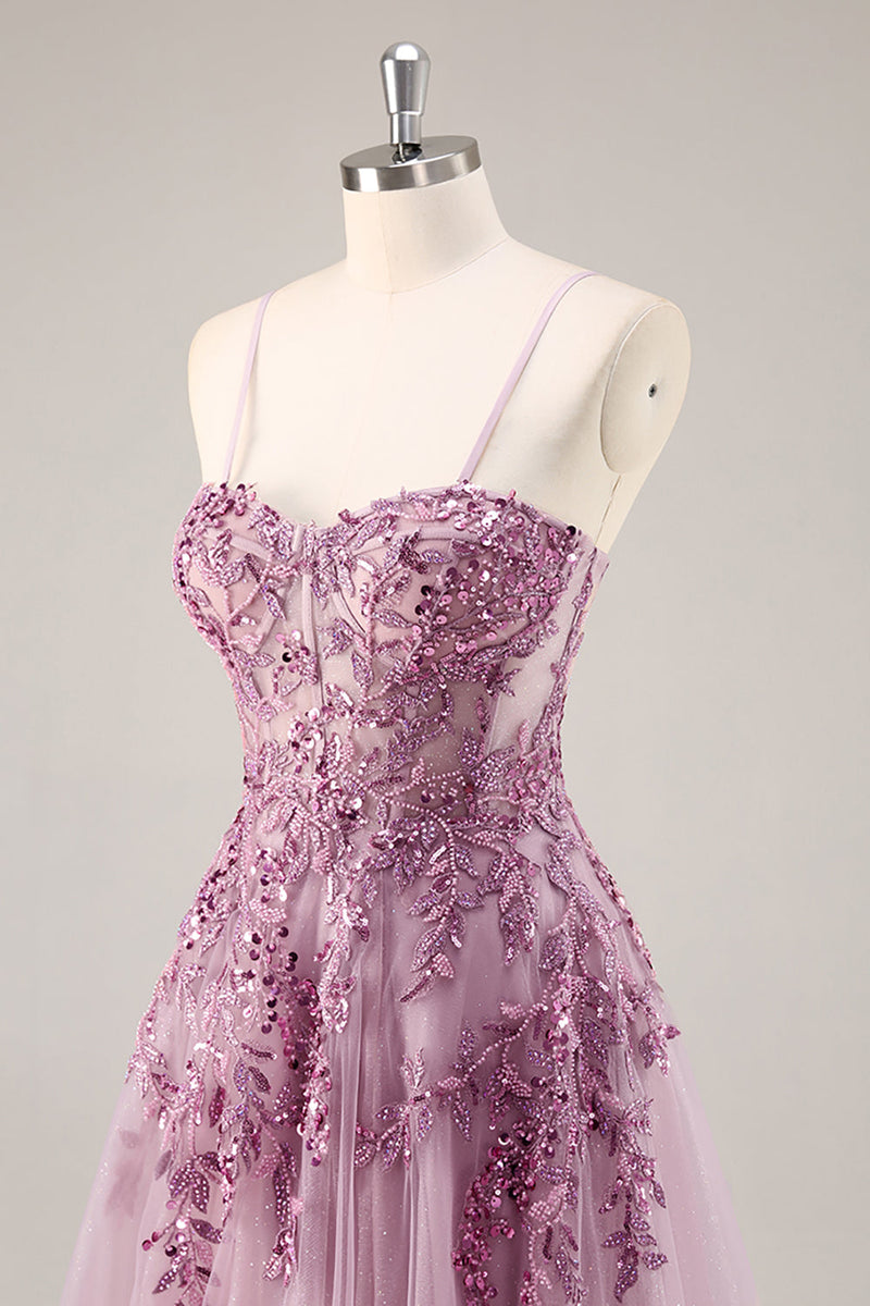 Laden Sie das Bild in den Galerie-Viewer, Grau Lila Perlenbesetztes Korsett Appliaktionen Langes Ballkleid mit Schlitz