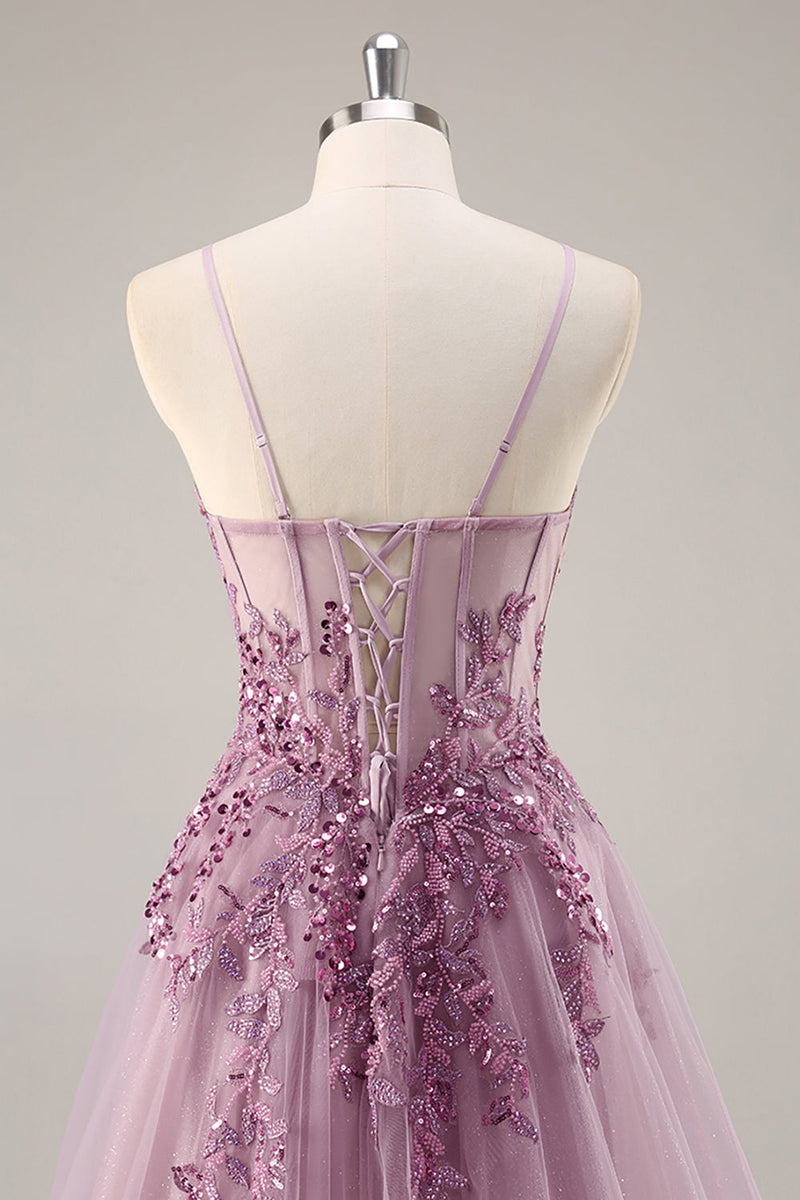 Laden Sie das Bild in den Galerie-Viewer, Grau Lila Perlenbesetztes Korsett Appliaktionen Langes Ballkleid mit Schlitz