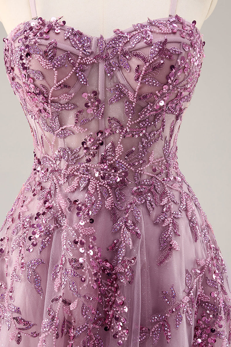 Laden Sie das Bild in den Galerie-Viewer, Grau Lila Perlenbesetztes Korsett Appliaktionen Langes Ballkleid mit Schlitz