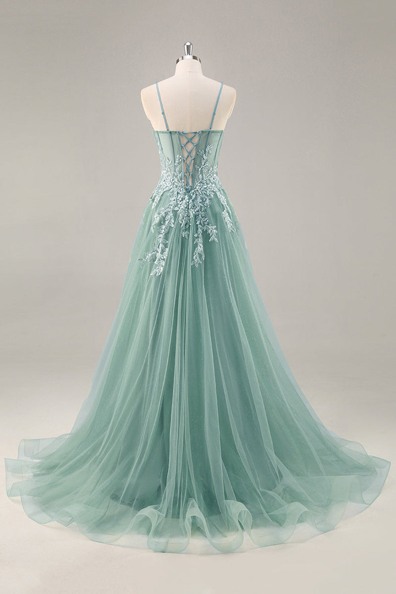 Laden Sie das Bild in den Galerie-Viewer, Grau Lila Perlenbesetztes Korsett Appliaktionen Langes Ballkleid mit Schlitz