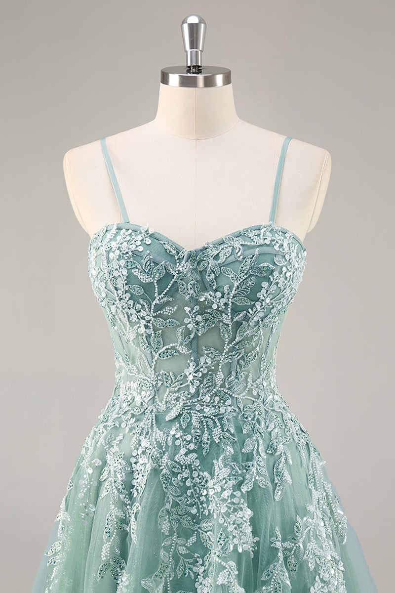 Laden Sie das Bild in den Galerie-Viewer, Grau Lila Perlenbesetztes Korsett Appliaktionen Langes Ballkleid mit Schlitz