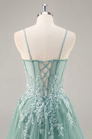 Laden Sie das Bild in den Galerie-Viewer, Grau Lila Perlenbesetztes Korsett Appliaktionen Langes Ballkleid mit Schlitz