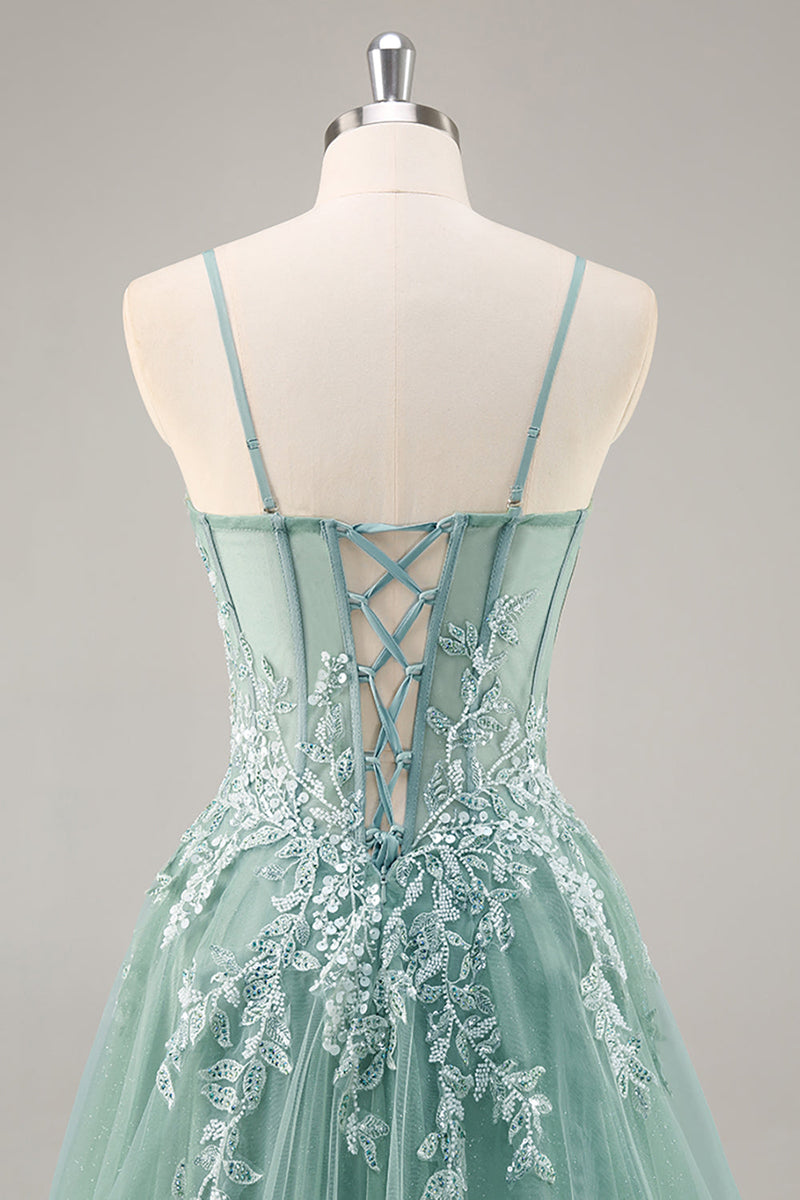 Laden Sie das Bild in den Galerie-Viewer, Grau Lila Perlenbesetztes Korsett Appliaktionen Langes Ballkleid mit Schlitz