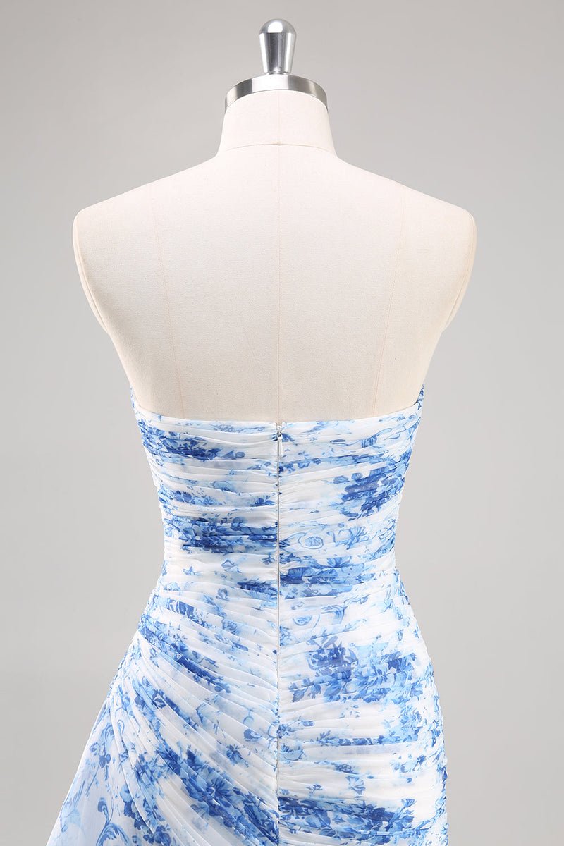 Laden Sie das Bild in den Galerie-Viewer, Trägerloses Meerjungfrauen Ballkleid in Weiß und Blau mit Blumenmuster