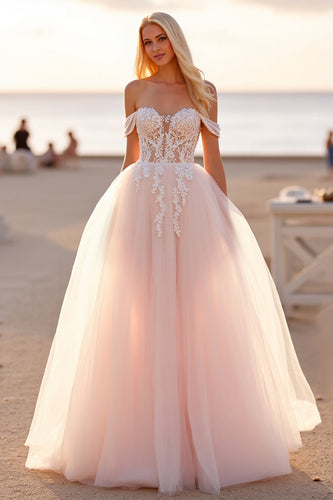 Blush A-Linie Schulterfreies Brautkleid aus Tüll mit Applikationen