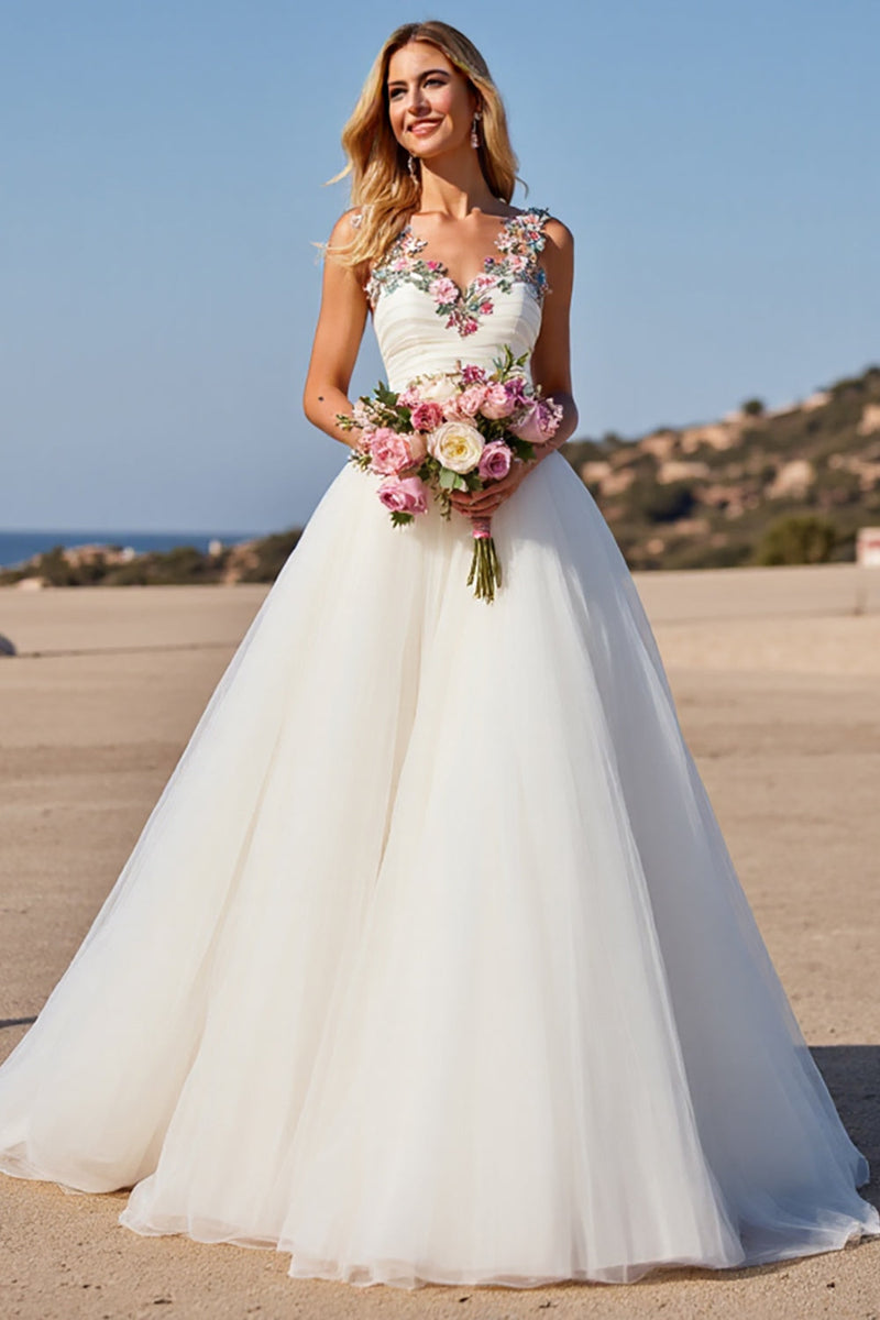 Laden Sie das Bild in den Galerie-Viewer, Weißes A-Linie Tüll Boho Brautkleid mit Sweep Schleppe und Applikation