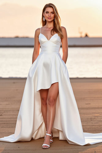 Weißes Hoch Niedrig A-Linie Satin Boho Brautkleid