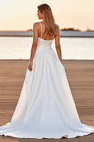 Laden Sie das Bild in den Galerie-Viewer, Weißes Hoch Niedrig A-Linie Satin Boho Brautkleid