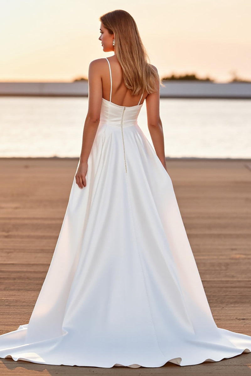 Laden Sie das Bild in den Galerie-Viewer, Weißes Hoch Niedrig A-Linie Satin Boho Brautkleid