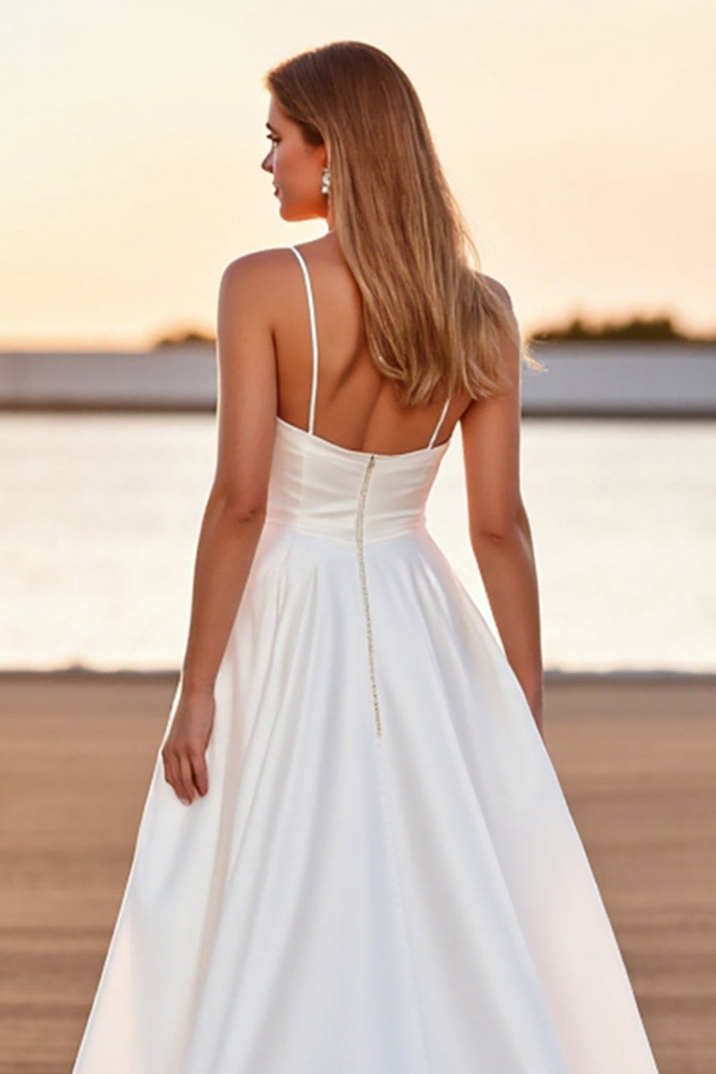 Laden Sie das Bild in den Galerie-Viewer, Weißes Hoch Niedrig A-Linie Satin Boho Brautkleid