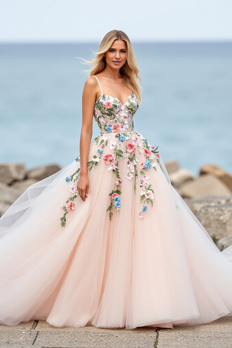 Laden Sie das Bild in den Galerie-Viewer, Blush Ballkleid Tüll Boho Sweep Schleppe Brautkleid mit Applikationen