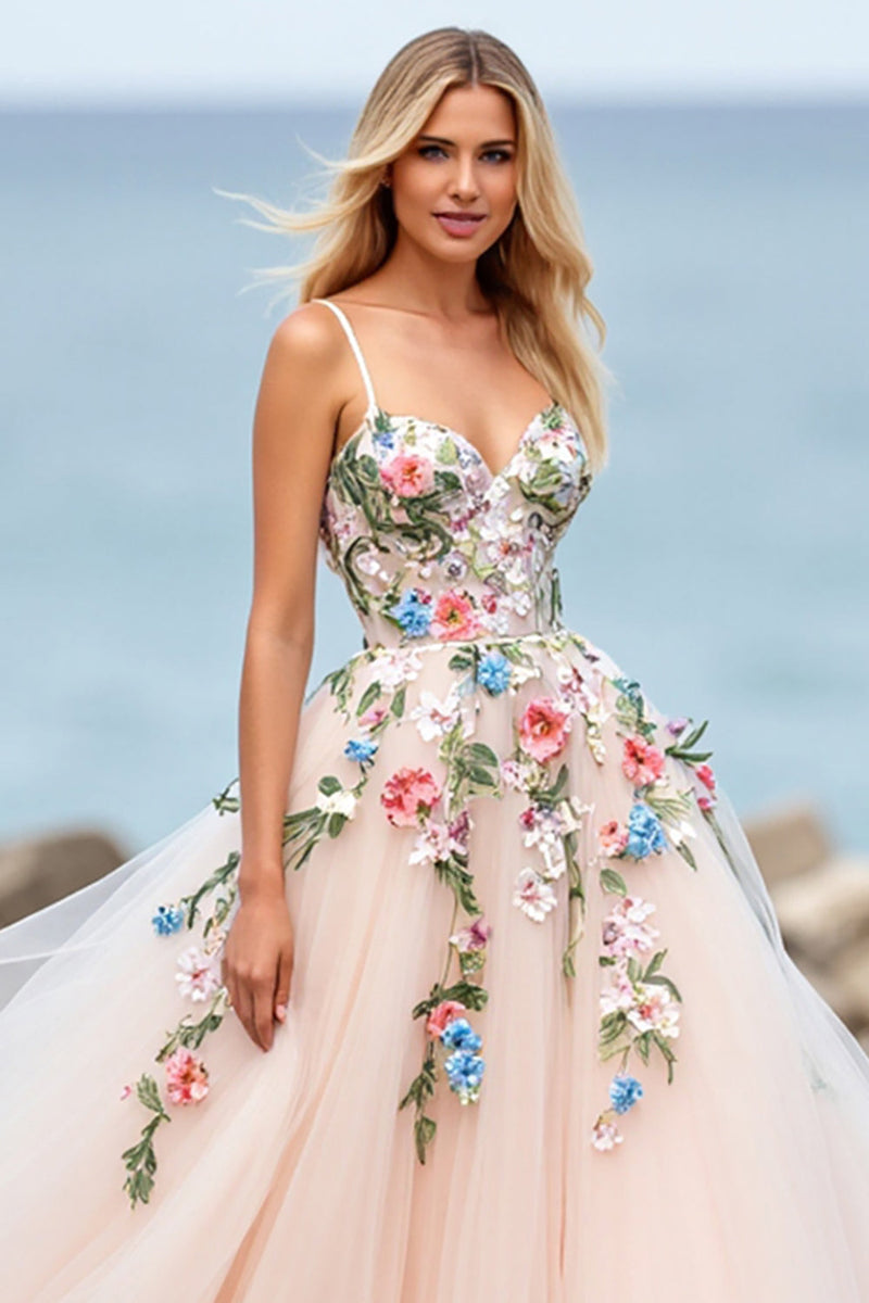 Laden Sie das Bild in den Galerie-Viewer, Blush Ballkleid Tüll Boho Sweep Schleppe Brautkleid mit Applikationen