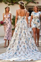 Laden Sie das Bild in den Galerie-Viewer, Weißes A Linie V-Ausschnitt Blumen Brautkleid mit Sweep Train