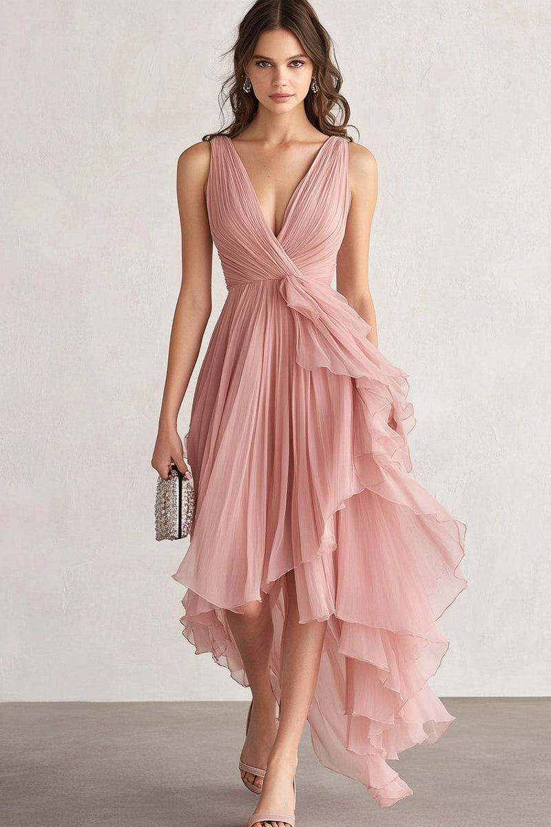 Laden Sie das Bild in den Galerie-Viewer, Asymmetrisches Ballkleid mit V-Ausschnitt und Rüschen