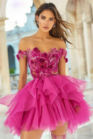 Laden Sie das Bild in den Galerie-Viewer, Schulterfreies Fuchsia Cocktailkleid mit 3D-Blumen