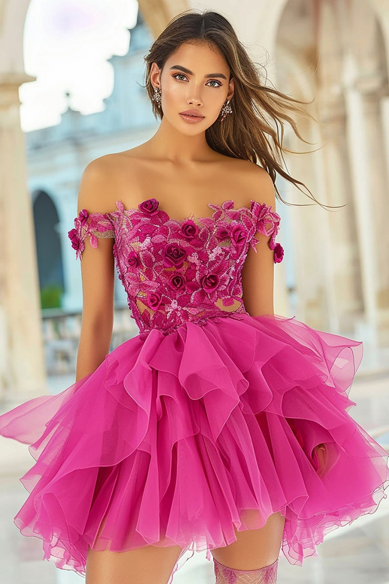 Laden Sie das Bild in den Galerie-Viewer, Schulterfreies Fuchsia Cocktailkleid mit 3D-Blumen