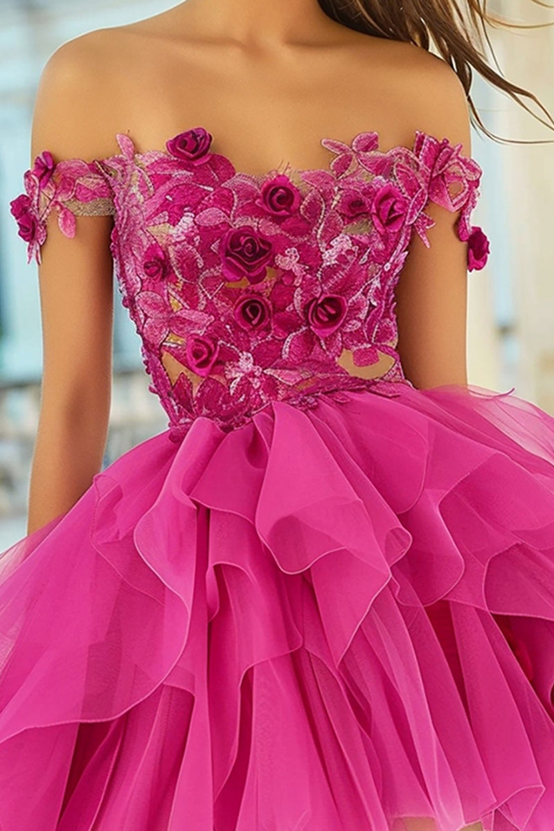 Laden Sie das Bild in den Galerie-Viewer, Schulterfreies Fuchsia Cocktailkleid mit 3D-Blumen