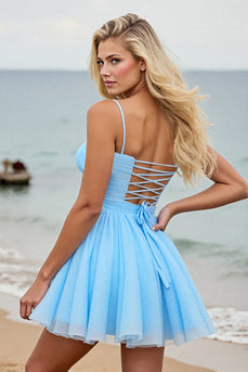 Hellblaues Kurzes A-Linie Abiballkleid mit Spaghettiträgern und Rüschen