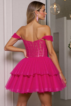 Schulterfreies Korsett A-Linie Fuchsia Cocktailkleid