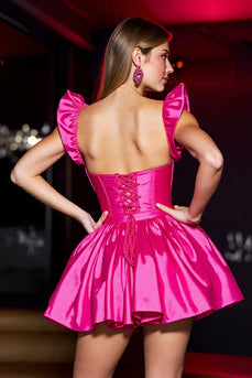 Fuchsia Satin A Linie Herzausschnitt Kurzes Abiballkleid mit Rüschen