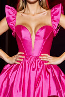 Laden Sie das Bild in den Galerie-Viewer, Fuchsia Satin A Linie Herzausschnitt Kurzes Abiballkleid mit Rüschen
