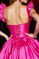 Laden Sie das Bild in den Galerie-Viewer, Fuchsia Satin A Linie Herzausschnitt Kurzes Abiballkleid mit Rüschen
