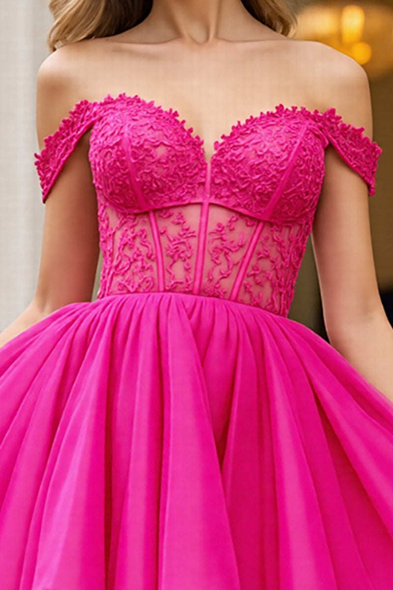 Laden Sie das Bild in den Galerie-Viewer, Fuchsia Korsett A Line Tüll Schulterfreies Kurzes Abiballkleid