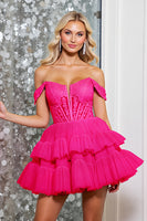Laden Sie das Bild in den Galerie-Viewer, Schulterfreies Fuchsia Mini Cocktailkleid