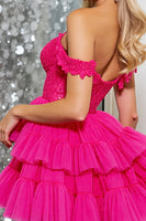 Laden Sie das Bild in den Galerie-Viewer, Schulterfreies Fuchsia Mini Cocktailkleid
