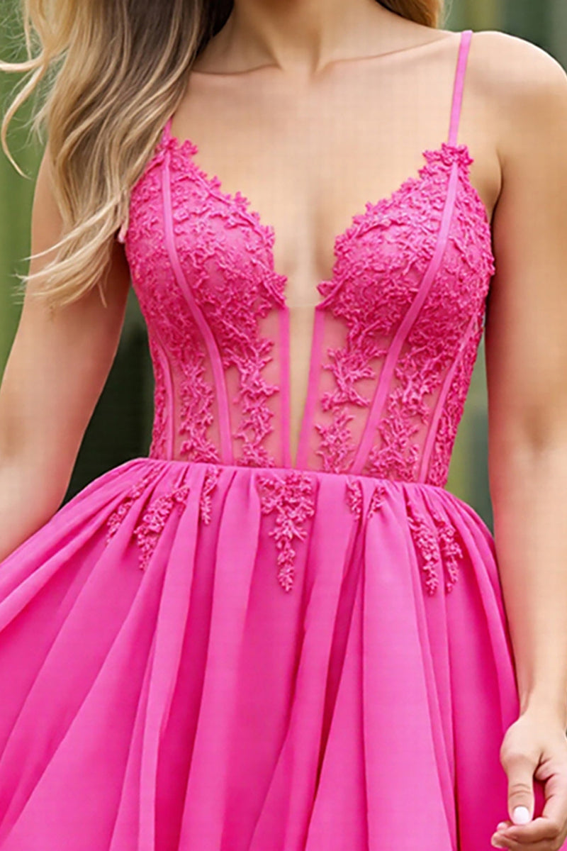 Laden Sie das Bild in den Galerie-Viewer, Fuchsia A-Linie Mini Abiballkleid mit Applikation