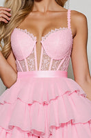 Laden Sie das Bild in den Galerie-Viewer, Rosa Kurzes Gestuftes Cocktailkleid aus Chiffon mit Korsett und Rüschen