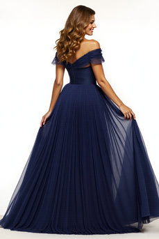Schulterfreies Marineblaues Ballkleid mit Schlitz
