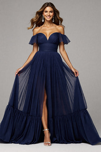 Schulterfreies A Linie Langes Marineblaues Ballkleid mit Schlitz