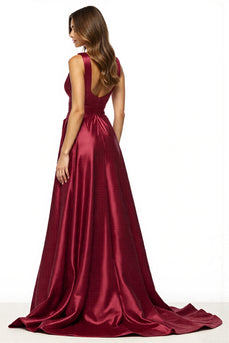 Burgundy A-Linie Ballkleid mit V-Ausschnitt und Schlitz