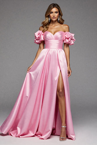 Schulterfreies Rosa A-Linien-Ballkleid mit Schlitz
