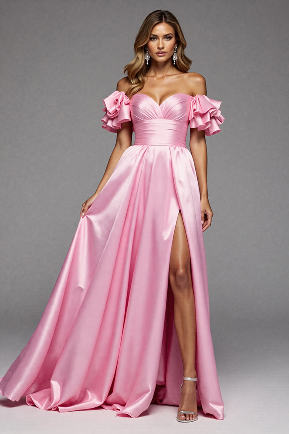 Schulterfreies Rosa A-Linien-Ballkleid mit Schlitz