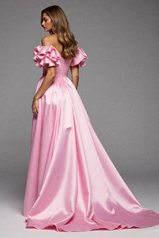 Schulterfreies Rosa A-Linien-Ballkleid mit Schlitz