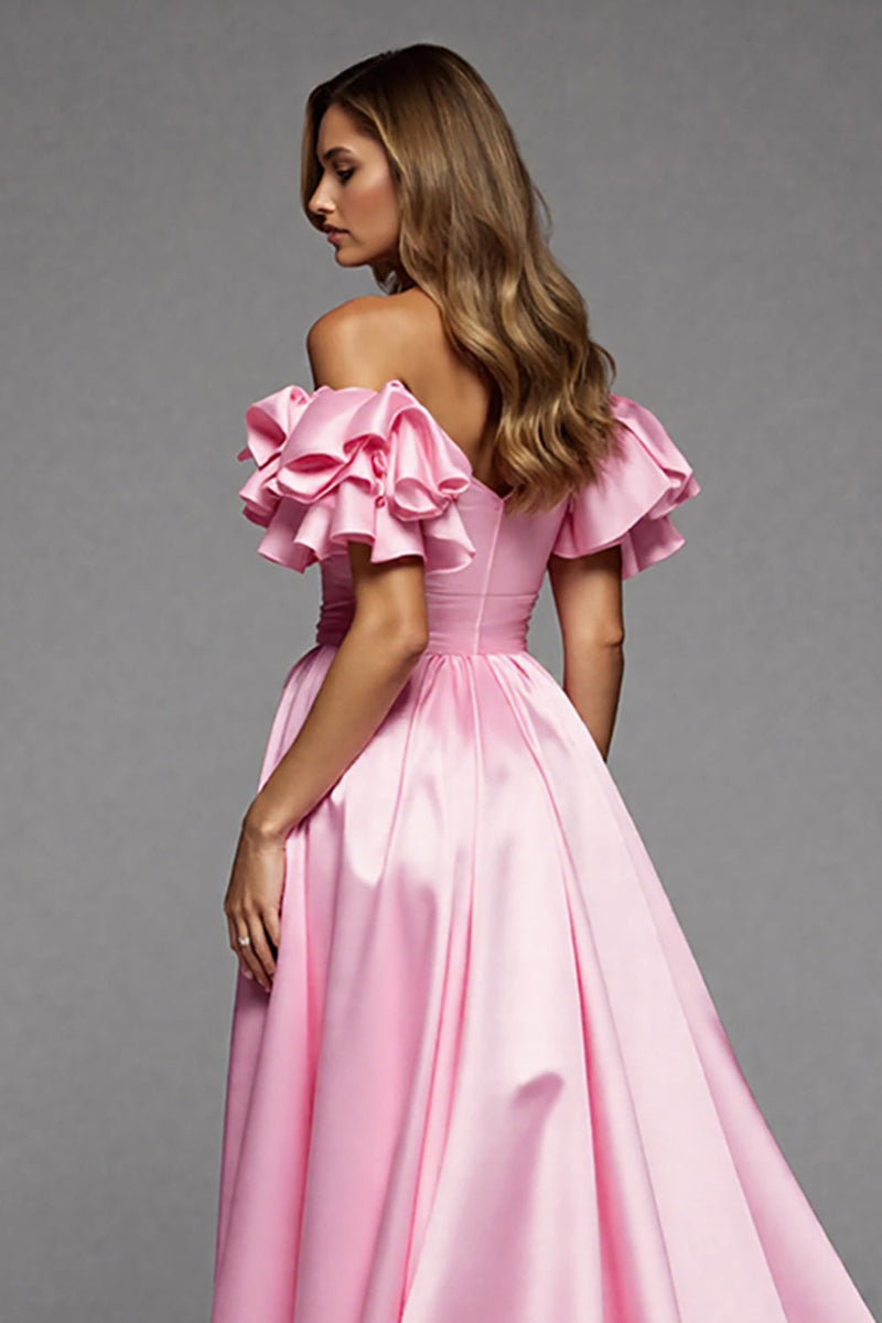 Laden Sie das Bild in den Galerie-Viewer, Schulterfreies Rosa A-Linien-Ballkleid mit Schlitz