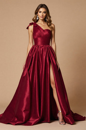 Ein Schulter Burgundy A-Linie Langes Ballkleid mit Schlitz