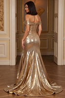 Laden Sie das Bild in den Galerie-Viewer, Goldenes A-Linie Metallic Langes Ballkleid mit Schlitz