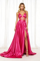 Laden Sie das Bild in den Galerie-Viewer, Fuchsia Satin A-Linie Langes Ballkleid mit Schlitz