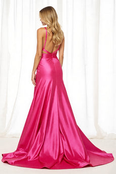 Fuchsia Satin A-Linie Langes Ballkleid mit Schlitz