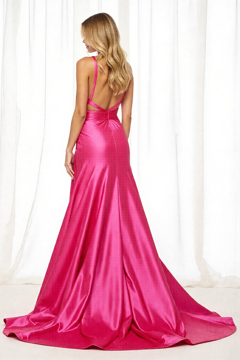 Laden Sie das Bild in den Galerie-Viewer, Fuchsia Satin A-Linie Langes Ballkleid mit Schlitz